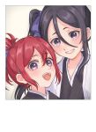 2girls :d abarai_ichika absurdres black_hair bleach bleach:_epilogue blue_ribbon blush close-up commentary double-parted_bangs eyelashes grey_background grin hair_between_eyes hair_ribbon happy high_ponytail highres kuchiki_rukia lips long_hair looking_at_viewer mother_and_daughter multiple_girls open_mouth photo_(object) redhead ribbon rinner373 short_eyebrows short_hair side_ponytail simple_background smile spoilers teeth tsurime twitter_username upper_body upper_teeth_only violet_eyes white_background