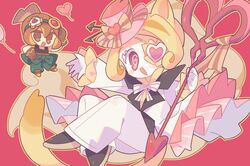  2girls @_@ blonde_hair brown_hair chibi chibi_inset chinese_commentary cold_you commentary_request cookie_run cookie_run:_ovenbreak croissant_cookie dual_persona eyepatch frills goggles goggles_on_head hat heart heart_eyepatch holding humanization kodona lolita_fashion long_hair looking_at_viewer multiple_girls official_alternate_costume outline ponytail red_background red_eyes scissors shoes timekeeper_cookie timekeeper_cookie_(timeless_love) yellow_outline 