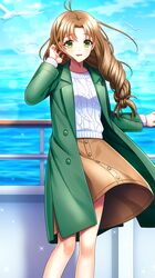  1girl adjusting_hair antenna_hair bird braid braided_ponytail brown_hair brown_skirt coat day doukyuusei_2 doukyuusei_another_world floating_hair game_cg green_coat green_eyes long_hair long_sleeves medium_skirt ocean official_art open_clothes open_coat open_mouth outdoors single_braid skirt solo sugimoto_sakurako sunlight sweater white_sweater wind wind_lift 