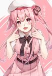  1girl beret black_bow black_ribbon blush bow breasts hair_between_eyes harusame_(kancolle) hat heart highres ice_cream_(aisu_aisu_9898) kantai_collection long_hair looking_at_viewer open_mouth pink_eyes pink_hair pointing pointing_at_self ribbon shirt short_sleeves side_ponytail sidelocks simple_background solo white_hat 