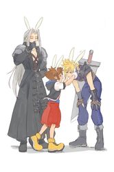  3boys animal_ears armor black_footwear blonde_hair boots brown_gloves brown_hair buster_sword closed_eyes cloud_strife coat cup drinking fake_animal_ears final_fantasy final_fantasy_vii fingerless_gloves gloves grey_hair hands_on_own_knees hood hoodie jacket kingdom_hearts kingdom_hearts_i leaning_forward long_hair male_focus multiple_boys open_clothes open_jacket open_mouth pinky_out rabbit_ears rouwan sephiroth short-sleeved_jacket short_sleeves smile sora_(kingdom_hearts) spiky_hair super_smash_bros. teacup yellow_footwear 