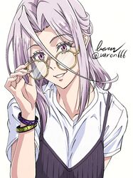 1girl adjusting_eyewear artist_name baron_(varon666) fuuto_tantei glasses highres kamen_rider kamen_rider_w long_hair purple_hair round_eyewear shirt simple_background solo tokime_(fuuto_tantei) twitter_username upper_body violet_eyes white_background white_shirt