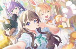  4girls :d :t ^_^ animal_ear_fluff animal_ear_hairband animal_ears animal_hands apron aqua_neckerchief black_hair black_hairband blue_dress blunt_bangs blunt_ends breast_pocket breasts brown_hair brown_hairband cat_ear_hairband cat_ears cerise_bouquet closed_eyes closed_mouth collar collared_dress crossed_bangs detached_collar dress fake_animal_ears fox_ears frilled_apron frilled_collar frilled_dress frills fujishima_megumi game_cg gloves green_eyes green_ribbon hair_ornament hair_ribbon hairband hands_on_own_cheeks hands_on_own_face hasu_no_sora_school_uniform highres hinoshita_kaho indoors large_breasts link!_like!_love_live! lone_nape_hair long_hair love_live! maid maid_apron maid_cafe medium_dress medium_hair momose_ginko multiple_girls neckerchief official_alternate_costume official_art open_mouth orange_dress orange_hair otomune_kozue paw_gloves pocket puffy_short_sleeves puffy_sleeves purple_hair rabbit_ear_hairband rabbit_ears rabbit_hair_ornament ribbon sailor_collar sailor_dress school_uniform selfie short_hair short_sleeves sidelocks smile split_mouth summer_uniform third-party_source twintails two_side_up violet_eyes virtual_youtuber white_apron white_hairband white_sailor_collar 