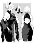  1girl 2b_(nier:automata) absurdres back_cutout bare_shoulders breasts closed_mouth clothing_cutout commentary dress flower from_behind from_side gloves grey_background greyscale hair_flower hair_ornament hairband hand_on_own_chest hand_up high_heels highres jewelry lips medium_breasts monochrome multiple_views nier:automata nier_(series) nishiii26miii short_hair simple_background sleeveless sleeveless_dress symbol-only_commentary turtleneck 