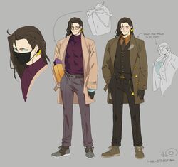  1boy artist_name bag beard_stubble belt black_gloves black_necktie black_vest blue_eyes blue_skin braid braided_bangs brown_hair collared_shirt colored_skin concept_art earrings facial_hair fashion full_body ghost glasses gloves grey_background hair_between_eyes hand_in_pocket highres hitodama holostars holostars_english jacket jewelry josuiji_shinri koi koipanion_(josuiji_shinri) loose_hair_strand mask mouth_mask multicolored_skin multiple_views necklace necktie open_clothes open_jacket orange_shirt purple_shirt screetuber shirt shirt_tucked_in shoes shoulder_bag stubble turtleneck vest 