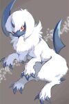  absol absurdres animal_focus blush bright_pupils brown_background claws highres horns looking_at_viewer nekogusa no_humans pokemon pokemon_(creature) red_eyes simple_background single_horn solo white_fur white_hair white_pupils 