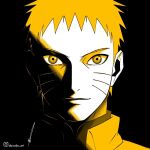  1boy aboude_art aged_up artist_name blonde_hair boruto:_naruto_next_generations closed_mouth commentary english_commentary facial_mark instagram_logo instagram_username limited_palette looking_at_viewer male_focus naruto_(series) short_hair signature smile solo uzumaki_naruto whisker_markings 
