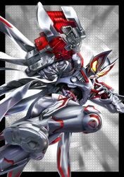  1boy armor black_bodysuit bodysuit boost_mark_ix_buckle desire_driver driver_(kamen_rider) fighting_stance fox_mask geats_buster_qb9 glowing glowing_eyes gun gunblade helmet highres holding holding_gun holding_weapon kamen_rider kamen_rider_geats kamen_rider_geats_(series) kamen_rider_geats_ix leg_up looking_at_viewer male_focus mask masukudo_(hamamoto_hikaru) rider_belt solo tokusatsu weapon white_armor yellow_eyes 