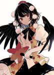  1girl bird_wings black_hair black_skirt black_wings buttons feathered_wings frilled_skirt frills hand_fan hat hauchiwa highres holding holding_fan mozukuzu_(manukedori) parted_lips pom_pom_(clothes) puffy_short_sleeves puffy_sleeves red_eyes red_hat shameimaru_aya shirt short_hair short_sleeves simple_background skirt solo tokin_hat touhou upper_body white_background white_shirt wings 