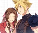  1boy 1girl aerith_gainsborough aqua_eyes armor blue_shirt braid braided_ponytail choker closed_eyes cloud_strife collarbone couple dress earrings final_fantasy final_fantasy_vii final_fantasy_vii_rebirth final_fantasy_vii_remake flower_choker hair_between_eyes hair_ribbon hetero holding_another&#039;s_arm jacket jewelry light_blush long_hair parted_bangs parted_lips patterned_background pink_dress pink_ribbon red_jacket ribbed_sweater ribbon shirt short_hair shoulder_armor sidelocks single_bare_shoulder single_braid single_earring single_shoulder_pad sleeveless sleeveless_turtleneck smile spiky_hair suspenders sweater turtleneck upper_body wavy_hair yunyunonigiri 