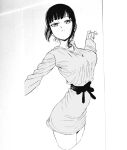  1girl arched_back arm_up bad_id bad_pixiv_id black_hair breasts closed_mouth dende_(dndn222) dress facing_viewer greyscale highres large_breasts looking_at_viewer monochrome original scan scan_artifacts solo standing thighs traditional_media 