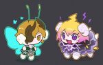  1boy 1girl antennae blonde_hair chibi clouds don_quixote_(project_moon) dress e.g.o_(project_moon) fairy_wings flaw_eight green_dress horns lightning limbus_company one_eye_covered project_moon sheep_horns sinclair_(project_moon) violet_eyes wings yellow_eyes 