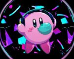  2elu2 arms_up black_background black_eyes blowing_bubbles bright_pupils bubble chewing_gum commentary_request confetti full_body headphones highres kirby kirby_(series) looking_at_viewer no_humans solo tetris white_pupils 