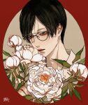  1boy absurdres black_eyes black_hair closed_mouth commentary flower glasses highres holding holding_flower kagoya1219 looking_at_viewer male_focus original outside_border portrait short_hair signature solo white_flower 