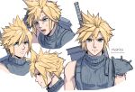  1boy aqua_eyes armor artist_name blonde_hair buster_sword closed_eyes cloud_strife earrings facing_viewer final_fantasy final_fantasy_vii final_fantasy_vii_rebirth final_fantasy_vii_remake furrowed_brow grey_shirt hair_between_eyes highres jewelry male_focus multiple_views noinoichebura open_mouth portrait profile shirt short_hair shoulder_armor single_bare_shoulder single_earring single_shoulder_pad sleeveless sleeveless_turtleneck solo spiky_hair suspenders sweatdrop turtleneck twitter_username upper_body weapon weapon_on_back white_background 