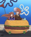  1boy 1girl animal_ear_fluff animal_ears blush burger car collarbone craft_lawrence food grey_hair highres holo jacket light_brown_hair long_hair motor_vehicle nyaxxy red_eyes short_hair spice_and_wolf spongebob_squarepants_(series) tail tail_on_face very_long_hair wolf_ears wolf_girl wolf_tail 