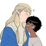  1boy 1girl affectionate aged_down black_hair blonde_hair blue_eyes blue_shawl braid child closed_eyes closed_mouth dark-skinned_male dark_skin dungeon_meshi elf eyelashes frown gong909 hair_behind_ear hair_tubes half_updo head_kiss kabru kiss korean_commentary korean_text long_hair long_sleeves looking_to_the_side looking_up low-tied_long_hair milsiril_(dungeon_meshi) motherly pointy_ears shawl sidelocks simple_background upper_body white_background 