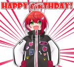  1girl :d akane_canna akane_canna_(2nd_costume) antenna_hair black_coat blush bone coat commentary_request cuore_0624 earclip fang green_eyes hair_between_eyes happy_birthday highres lapel_pin long_sleeves looking_at_viewer medium_bangs multicolored_coat multicolored_hair nanashi_inc. official_alternate_costume open_mouth oversized_clothes patch paw_print purple_hair redhead short_hair smile solo streaked_hair two-tone_coat two-tone_hair upper_body virtual_youtuber white_background white_coat 