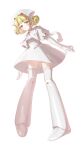  1girl absurdres angelic_layer blanche_(angelic_layer) blonde_hair blunt_bangs capelet dress full_body gloves hat highres juliet_sleeves long_sleeves looking_at_viewer mattbamm nurse_cap orange_eyes parted_lips puffy_sleeves short_hair simple_background solo thigh-highs white_background white_capelet white_dress white_gloves white_thighhighs 