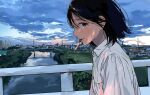  1girl absurdres black_eyes black_hair blue_sky building buttons cigarette cityscape clouds cloudy_sky collared_shirt from_side highres house looking_to_the_side morning mouth_hold original power_lines railing reflection reflective_water river sakurada_reiko shirt short_hair sky smoking solo transmission_tower upper_body white_shirt 