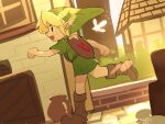  1boy blonde_hair boots child full_body hat highres indoors link male_focus navi open_mouth outdoors pointy_ears short_sleeves solo standing suikaels the_legend_of_zelda the_legend_of_zelda:_breath_of_the_wild young_link 