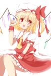  1girl back_bow backlighting blonde_hair blush bow breasts collared_shirt crystal feet_out_of_frame flandre_scarlet frilled_shirt_collar frilled_skirt frilled_sleeves frills hair_between_eyes hat hat_bow hat_ribbon head_tilt looking_at_viewer medium_hair mob_cap multicolored_wings one_side_up open_mouth puffy_short_sleeves puffy_sleeves red_bow red_eyes red_ribbon red_skirt red_vest ribbon ribbon-trimmed_headwear ribbon_trim shirt short_sleeves simple_background skirt skirt_set sleeve_ribbon small_breasts solo touhou vest white_background white_bow white_hat white_shirt wings wrist_cuffs yuri_(yuyuryu1) 