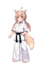  1girl ? animal_ears barefoot belt black_belt bright_pupils brown_eyes brown_hair chinese_commentary closed_mouth commentary_request dot_mouth dougi fox_ears fox_girl fox_tail full_body highres kuma-bound long_hair low_twintails martial_arts_belt original pants simple_background solo standing tail toes twintails white_background white_pants white_pupils 