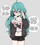 1girl blue_eyes blue_hair english_text female game_controller glasses hatsune_miku holding holding_game_controller long_hair looking_to_the_side low_twintails shorts simple_background snale solo twintails vocaloid