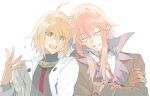  2boys ahoge blonde_hair blush crossed_arms emil_castagnier glasses gloves green_eyes high_collar highres jacket leaning_on_person long_hair long_sleeves male_focus multiple_boys redhead richter_abend smile tales_of_(series) tales_of_symphonia tales_of_symphonia_knight_of_ratatosk white_background xing_20 
