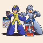  1boy adapted_costume alternate_costume arm_cannon armor blue_footwear blue_helmet bodysuit boots full_body green_eyes grey_armor grey_footwear grey_helmet highres mega_buster mega_man_(character) mega_man_(classic) mega_man_(series) multiple_views shoulder_armor simple_background souldroids weapon yellow_bodysuit 