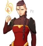  1girl armor avatar_legends bad_id bad_pixiv_id braid braided_ponytail brown_eyes brown_hair character_name closed_mouth fire hannisen highres long_hair looking_at_viewer mole mole_under_mouth p&#039;li_(the_legend_of_korra) pauldrons pyrokinesis shoulder_armor simple_background solo the_legend_of_korra third_eye upper_body white_background 