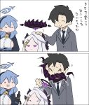  1boy 2girls :&lt; =_= ako_(blue_archive) bear_trap bell black_gloves black_hair black_halo blue_archive blue_hair blue_halo demon_horns doodle_sensei_(blue_archive) gloves grey_suit hair_ornament hairclip halo headpat highres hina_(blue_archive) hong_hongcha horns jitome long_hair multiple_girls multiple_horns neck_bell parted_bangs sensei_(blue_archive) sensei_(blue_archive_the_animation) smile suit thumbs_up translation_request upper_body violet_eyes white_background white_hair 
