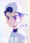  1boy absurdres bandaid bandaid_on_cheek bandaid_on_face baseball_cap baseball_uniform beitemian black_hair borrowed_character chinese_text closed_mouth dated eyebrow_cut grey_background hat highres light_blush light_smile male_focus original red_eyes solo sportswear upper_body white_hat 