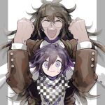  2boys ^_^ antenna_hair black_scarf brown_jacket brown_sleeves buttons checkered_clothes checkered_scarf closed_eyes closed_mouth coattails collar collared_jacket collared_shirt danganronpa_(series) danganronpa_v3:_killing_harmony dark-skinned_male dark_skin dated double-breasted glasses gokuhara_gonta green_hair hair_between_eyes happy height_difference jacket layered_sleeves lifting_person long_hair long_sleeves looking_at_viewer male_focus messy_hair multiple_boys nervous nervous_smile oma_kokichi open_mouth outside_border pillarboxed purple_collar purple_hair round_eyewear scarf shirt short_hair signature simple_background smile sweatdrop teeth torn_clothes torn_scarf two-tone_scarf u_u_ki_u_u unmoving_pattern upper_body upper_teeth_only very_long_hair violet_eyes wavy_mouth white_background white_jacket white_scarf white_shirt white_sleeves 