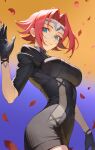  1girl black_bodysuit black_gloves blue_eyes bodysuit breasts code_geass cowboy_shot falling_petals forehead_protector gloves gradient_background highres iamc95 kouzuki_kallen looking_at_viewer medium_breasts parted_bangs petals redhead smile solo 