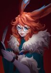  1girl absurdres animal_ears artskimaa_(maria) aurora_(league_of_legends) blue_eyes book closed_mouth coat earrings elbow_gloves freckles fur-trimmed_coat fur_trim glasses gloves hair_between_eyes highres holding holding_book holding_pen jewelry league_of_legends long_hair looking_at_viewer orange_hair pen rabbit_ears red_background round_eyewear sidelocks simple_background smile solo upper_body white_gloves 