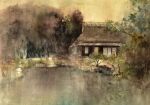 brown_background building forest highres house mouen_tw nature no_humans original painting_(medium) plant pond rock scenery traditional_media tree water watercolor_(medium) 