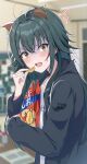 1girl ^^^ animal_ears antenna_hair bag black_jacket blurry blurry_background blush chips_(food) food gakuen_idolmaster green_eyes green_hair highres holding holding_bag holding_food holding_snack idolmaster jacket juu_10 long_hair long_sleeves looking_at_viewer open_clothes open_jacket open_mouth partially_shaded_face potato_chips shirt solo surprised sweat tsukimura_temari upper_body v-shaped_eyebrows white_shirt 