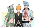  1girl 2boys :/ :d abs arm_at_side arms_at_sides arrancar bleach blue_eyes blue_hair blush brown_eyes closed_mouth commentary_request cowboy_shot cropped_legs eyes_visible_through_hair facial_mark fang frown green_hair green_shirt green_skirt grimmjow_jaegerjaquez hair_between_eyes hair_ornament hair_over_shoulder hand_in_pocket happy height_difference hole_in_stomach jitome kurosaki_ichigo long_hair long_sleeves looking_at_another looking_at_viewer miniskirt multiple_boys muscular muscular_male navel nelliel_tu_odelschwanck open_clothes open_mouth open_shirt orange_hair scar scar_on_chest shirt short_hair simple_background skin_fang skirt skull_hair_ornament smile sweatdrop tareme teeth tensa_zangetsu_(bankai) tsurime twitter_username v-shaped_eyebrows very_long_hair wavy_hair white_background white_shirt yanono_015 