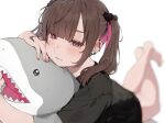  :t black_shirt blurry blurry_background blush closed_mouth commentary_request daluto_(hitomi555) depth_of_field ear_piercing earrings hair_ornament half-closed_eyes hand_up heart heart_hair_ornament highres hugging_object jewelry legs_up looking_at_viewer lying mole mole_under_eye multicolored_hair nail_polish on_stomach original piercing pink_hair pink_nails red_eyes shirt short_sleeves simple_background solo stuffed_animal stuffed_shark stuffed_toy twintails two-tone_hair white_background 