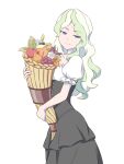  1girl apple black_dress blue_eyes commentary corn cornucopia diana_cavendish dress flower food from_side fruit grapes green_hair holding little_witch_academia long_hair looking_at_viewer multicolored_hair pear puffy_short_sleeves puffy_sleeves satochi short_sleeves simple_background smile solo squinting standing two-tone_dress two-tone_hair white_background white_dress 