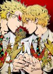  2boys adam&#039;s_apple biliken blonde_hair brothers collared_shirt donquixote_doflamingo donquixote_rocinante earrings forehead-to-forehead heads_together highres holding_hands jewelry looking_at_another male_focus multicolored_necktie multiple_boys necktie one_piece portrait red_background red_eyes shirt short_hair siblings signature smile suit sunglasses white_shirt white_suit 