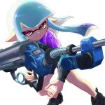  1girl black_footwear blue_hair closed_mouth colored_tips commentary_request e-liter_4k_(splatoon) feet_out_of_frame gun high_tops highres holding holding_gun holding_weapon inkling inkling_girl inkling_player_character long_hair multicolored_hair nitino pointy_ears purple_hair red_eyes shoes simple_background smile sneakers solo splatoon_(series) splatoon_3 standing tentacle_hair two-tone_hair weapon white_background 