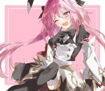  1boy astolfo_(fate) astolfo_(saber)_(fate) astolfo_(saber)_(third_ascension)_(fate) black_bow black_bowtie black_gloves black_ribbon blush bow bowtie dress fate/grand_order fate_(series) gloves hair_bow highres juliet_sleeves layered_skirt long_hair long_sleeves looking_at_viewer low_twintails male_focus one_eye_closed ooo00_cha otoko_no_ko pink_hair puffy_sleeves ribbon skirt smile solo twintails violet_eyes wing_collar 