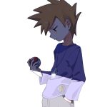  1boy blue_oak closed_mouth hand_in_pocket highres holding holding_poke_ball jewelry long_sleeves looking_down necklace omochi_(omotimotittona3) orange_eyes orange_hair poke_ball poke_ball_(basic) pokemon pokemon_rgby purple_shirt shirt short_hair simple_background solo spiky_hair white_background 