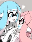  2girls beanie blue_eyes blue_hair blush drawing_on_another&#039;s_face eromame hat hood hoodie ink inkling inkling_girl inkling_player_character multiple_girls pink_eyes pink_hair saliva shirt smile splatoon_(series) t-shirt tentacle_hair thick_eyebrows tongue tongue_out yuri 