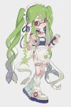  absurdres apron bandaid green_hair highres inkling inkling_girl inkling_player_character long_hair looking_at_viewer maid_headdress menu_board namazuoku one-piece_swimsuit pen pointy_ears red_eyes signature simple_background splatoon_(series) suction_cups swimsuit tentacle_hair twintails waist_apron waitress white_apron white_background 