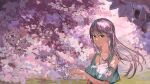  1girl absurdres cherry_blossoms closed_mouth clothing_cutout floating_hair flower frilled_shirt frills hand_up highres kasumi_yuzuha looking_at_viewer original outdoors pink_hair shirt short_sleeves shoulder_cutout smile solo tree white_shirt yellow_eyes 