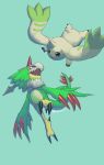  beak bird claws digimon digimon_(creature) dragon feathers green_background green_feathers highres horns kira_(kira_dra) midair pteromon simple_background single_horn talons terriermon twitter_username violet_eyes 