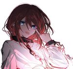  1girl blue_eyes blue_nails chain chinese_commentary commentary_request girls_band_cry hair_between_eyes hibioes highres iseri_nina medium_hair nail_polish pinky_out redhead shirt sidelocks solo tongue tongue_out white_shirt 